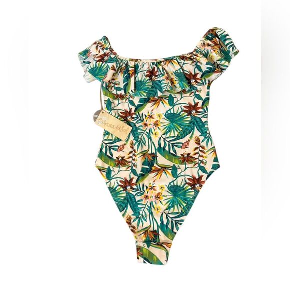 Cabana Del Sol One Piece Swimsuit Off the Shoulder Palm Floral Womens Small NWT - Picture 5 of 12